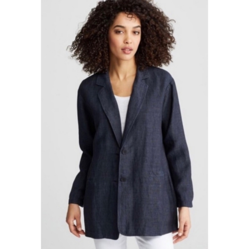 Eileen Fisher Organic Linen Blazer Jacket Dark Blue XS
